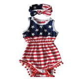 Qin.Orianna 4th of July Toddler Baby Girl American Flag Tassel Romper with Headband, 9 - 12 Months/Medium, Red