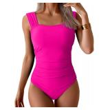 B2prity Womens One Piece Swimsuit Retro Square Neck Tummy Control Bathing Suits Ruched Modest Full Coverage Swimwear(Hot Pink)