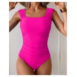 B2prity Womens One Piece Swimsuit Retro Square Neck Tummy Control Bathing Suits Ruched Modest Full Coverage Swimwear(Hot Pink)