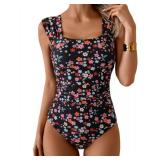 B2prity Womens One Piece Swimsuit Retro Square Neck Tummy Control Bathing Suits Ruched Modest Full Coverage Swimwear