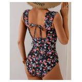 B2prity Womens One Piece Swimsuit Retro Square Neck Tummy Control Bathing Suits Ruched Modest Full Coverage Swimwear