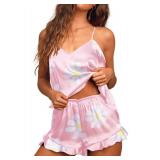 Ekouaer Satin Pajama Set for Women 2 Piece Camisole Top and Shorts Silk Lingerie with Ruffle Floral Nightwear