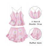 Ekouaer Satin Pajama Set for Women 2 Piece Camisole Top and Shorts Silk Lingerie with Ruffle Floral Nightwear