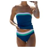 Beachsissi Bandeau Swimsuits for Women Strapless Swimwear Bathing Suits Tummy Control Color Block Tankini Sets, Blue, M