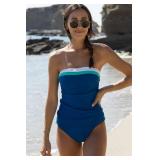 Beachsissi Bandeau Swimsuits for Women Strapless Swimwear Bathing Suits Tummy Control Color Block Tankini Sets, Blue, M