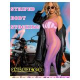 Kaei&Shi Sheer Bodysuit Fit 0-8,Striped Mesh Sexy Body Stockings For Women,Fishnet Lingerie Exotic Dancer Rave Outfits Purple & Pink