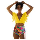 SPORLIKE Women Ruffle High Waist Swimsuit Two Pieces Push Up Tropical Print Bikini (Floral/Yellow 3, Medium)