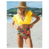 SPORLIKE Women Ruffle High Waist Swimsuit Two Pieces Push Up Tropical Print Bikini (Floral/Yellow 3, Medium)