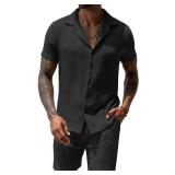 URRU Mens Sets Outfits 2 Piece Black 2024 Summer Casual Fashion Button Down Short Sleeve Beach Resort Wear Outfits Clothing (Black, Large)