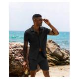 URRU Mens Sets Outfits 2 Piece Black 2024 Summer Casual Fashion Button Down Short Sleeve Beach Resort Wear Outfits Clothing (Black, Large)
