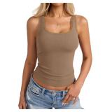 Eachyes Womens Lace Trim Ribbed Tank Tops Scoop Neck Fitted Sleeveless Shirts Cute Going Out Camisole Light Brown Small