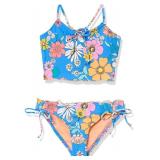 Hobie Girls Edge Midkini Top & Merrow Hipster Bottom Swimsuit Set, Sea Blue//Peace, Love, & Daisies, 12
