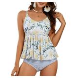 Tutorutor Womens High Waisted Peplum Tankini Bathing Suits Retro Ruffle Floral Print Tummy Control 2 Piece Bikini Set (Large, Za Yellow)