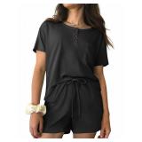 Ekouaer Womens Pajama Sets 2 Piece Ribbed Knit Pjs Short Sleeve Soft Sleepwear Summer Lounge Sets,Black,XL