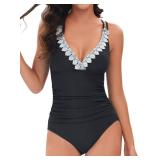 LAPHEE ROSE Lace V Neck One Piece Swimsuits for Women Tummy Control Bathing Suits Sexy Criss Cross Back Swimwear-Black-S/Size 8