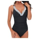 LAPHEE ROSE Lace V Neck One Piece Swimsuits for Women Tummy Control Bathing Suits Sexy Criss Cross Back Swimwear-Black-S/Size 8