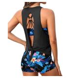 Aqua Eve 3 Piece Tankini Swimsuit for Women Tank Bathing Suit with Shorts Open Back Athletic Swimwear Blue Floral S