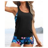 Aqua Eve 3 Piece Tankini Swimsuit for Women Tank Bathing Suit with Shorts Open Back Athletic Swimwear Blue Floral S