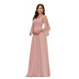 GREEKKNIGHT Light Dusty Rose Formal Bridesmaid Dresses for Wedding V Neck Cold Shoulder Bridesmaids Dress with Sleeves Long A Line Evening Gown for Women US12