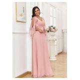 GREEKKNIGHT Light Dusty Rose Formal Bridesmaid Dresses for Wedding V Neck Cold Shoulder Bridesmaids Dress with Sleeves Long A Line Evening Gown for Women US12