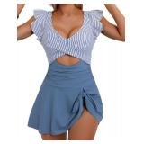 Aidonger One Piece Swimdress Swimsuit for Women Tummy Control Ruffle Swim Dress Skirt V Neck Cutout Wrap Bathing Suit Blue Striped