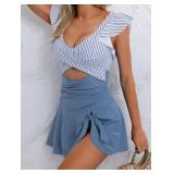Aidonger One Piece Swimdress Swimsuit for Women Tummy Control Ruffle Swim Dress Skirt V Neck Cutout Wrap Bathing Suit Blue Striped