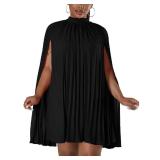 Ekaliy Womenâs Stand Collar Cloak Long Sleeve Cape A Line Dress Elegant Pleated Mini Evening Dress Black XL