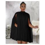 Ekaliy Womenâs Stand Collar Cloak Long Sleeve Cape A Line Dress Elegant Pleated Mini Evening Dress Black XL