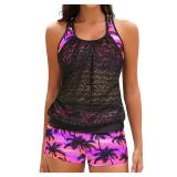 Yonique Two Piece Tankini Bathing Suits T-Back Blouson Swim Tops with Boy Shorts Women Swimsuits Sporty Swimwear Black Lace Palm XL