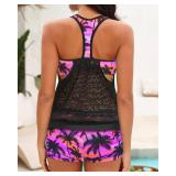 Yonique Two Piece Tankini Bathing Suits T-Back Blouson Swim Tops with Boy Shorts Women Swimsuits Sporty Swimwear Black Lace Palm XL