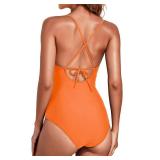 Tempt Me Women Orange Tummy Control One Piece Swimsuits V Neck Bathing Suits Sexy Swimwear L