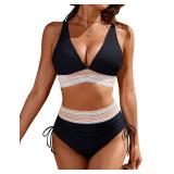 Blooming Jelly Womens High Waisted Bikini Sets Color Block 2 Piece Bathing Suit Tummy Control Swimsuits (Medium, Black)