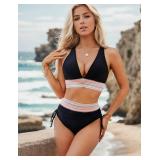 Blooming Jelly Womens High Waisted Bikini Sets Color Block 2 Piece Bathing Suit Tummy Control Swimsuits (Medium, Black)