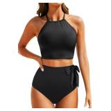 Tempt Me Women Black High Waisted Bikini Sets - Two Piece Swimsuit High Neck Bathing Suits Tummy Control Swimwear S