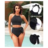 Tempt Me Women Black High Waisted Bikini Sets - Two Piece Swimsuit High Neck Bathing Suits Tummy Control Swimwear S