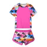 ADUKIDE Short Sleeve Swimsuit for Girls 9-10 Years Hawaiian Palm Tree Bathing Suit with Swimming Shirt 2 Piece Sport Boyshort Swimwear