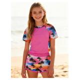 ADUKIDE Short Sleeve Swimsuit for Girls 9-10 Years Hawaiian Palm Tree Bathing Suit with Swimming Shirt 2 Piece Sport Boyshort Swimwear