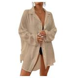 Bsubseach Women Button Down Beach Shirt Cover Up for Swimwear Blouse Tops Apricot