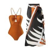 One Pieces Halter Bikini Swimsuit with Cover Up Shiny Flattering Push Up Bathing Suit with Wrap Skirt High Cut Tummy Control One Shoulder Cheeky Cutout Swimwear Sarong Skirts Orange Bronze (2PCS) L