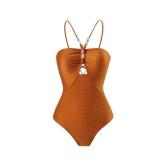 One Pieces Halter Bikini Swimsuit with Cover Up Shiny Flattering Push Up Bathing Suit with Wrap Skirt High Cut Tummy Control One Shoulder Cheeky Cutout Swimwear Sarong Skirts Orange Bronze (2PCS) L