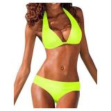 Womens Sexy Bikini Set Halter Padded Top Two Piece Bathing Suit, Bright Yellow, Small