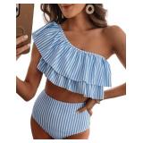VIMPUNEC Ruffle One Shoulder Swimsuits for Women Striped High Waisted Two Piece Bathing Suits Blue Stripes