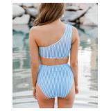 VIMPUNEC Ruffle One Shoulder Swimsuits for Women Striped High Waisted Two Piece Bathing Suits Blue Stripes