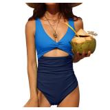 Charmo Womens One Piece Swimsuit Ruched Tummy Control High Cut Backless V Neck Bathing Suits Swimwear Navy Color Block Large