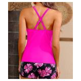 Women Pink Floral Tankini Swimsuits with Shorts - Two Piece Tummy Control Bathing Suits Top with Two Pockets Bottom Swimwear L