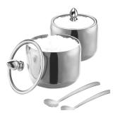 IBWell 10oz Sugar Bowl with Clear Lid and Spoon 2 Pack Silver Coffee Bar Containers for Kitchen Stainless Canister for Seasoning
