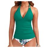 Yonique Womens Two Piece Swimsuits Green Tummy Control Tankini Plus Size Bathing Suit Halter V Neck Swimwear L