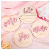 7 Pcs Baby 3D Monthly Milestone Wooden Signs Girl Baby 1-12 Months Announcement Card Sign Wood Markers Disc Block Baby Keepsake Double Sided Engraved Keepsake Photo Prop (Pink)