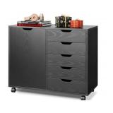 DEVAISE 5-Drawer Wood Dresser Chest with Door, Mobile Storage Cabinet, Printer Stand for Home Office, Black