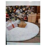 Christmas Tree Skirt 48in White With Silver Sequin Snowflakes Luxury Faux Fur Plush